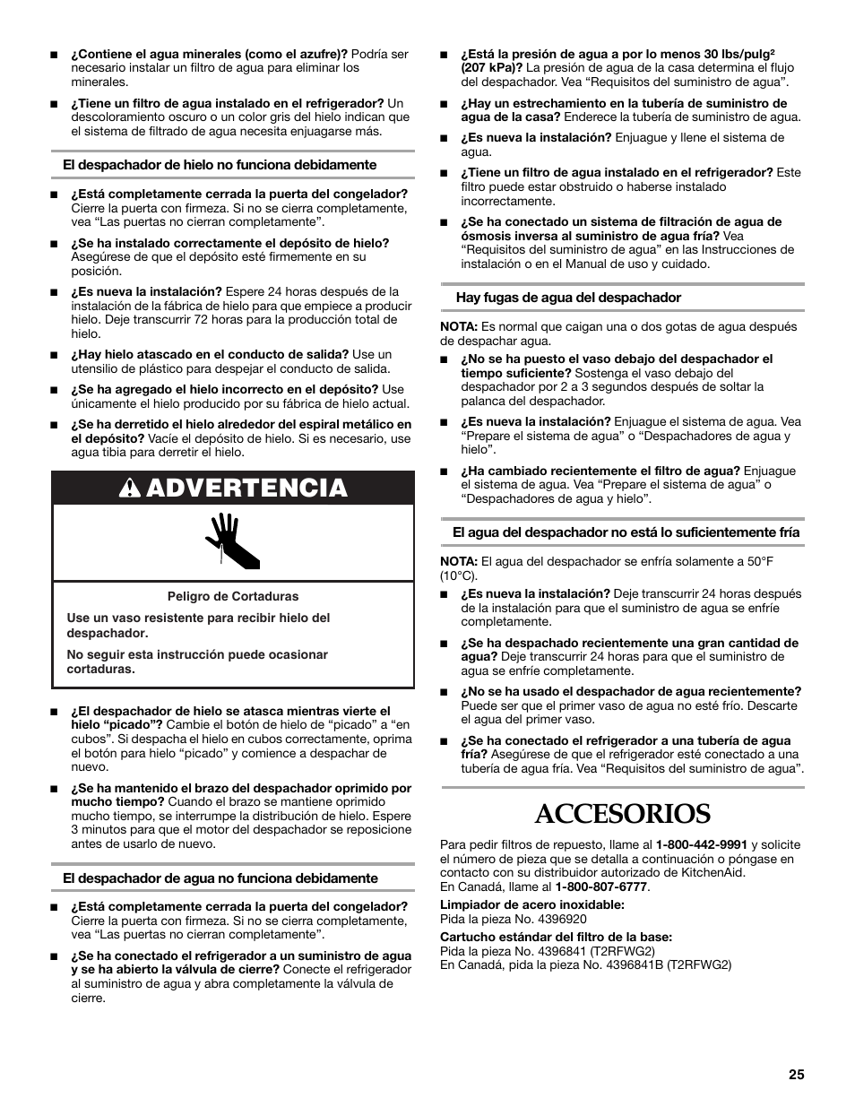 Accesorios, Advertencia | KITCHENAID W10167112A User Manual | Page 25 / 42