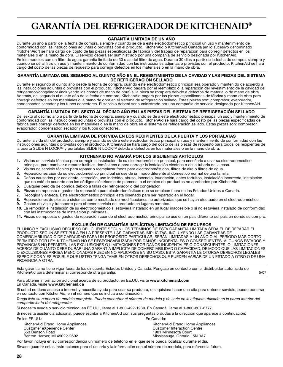 Garantía del refrigerador de kitchenaid | KITCHENAID W10167112A User Manual | Page 28 / 42