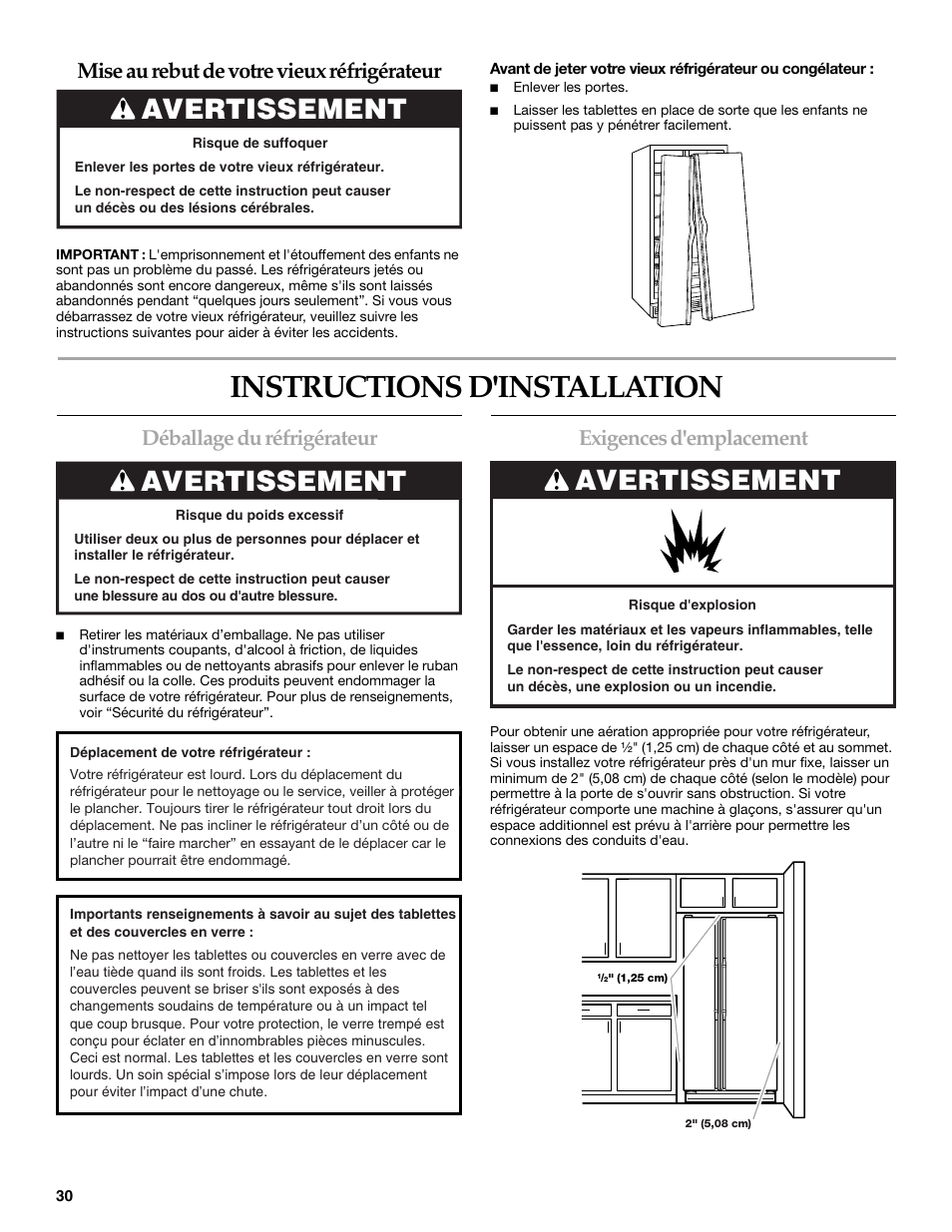 Instructions d'installation, Avertissement, Déballage du réfrigérateur | Exigences d'emplacement, Mise au rebut de votre vieux réfrigérateur | KITCHENAID W10167112A User Manual | Page 30 / 42