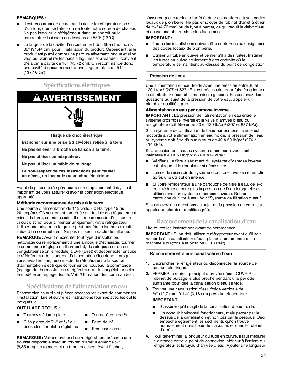 Avertissement, Spécifications électriques, Spécifications de l’alimentation en eau | Raccordement de la canalisation d'eau | KITCHENAID W10167112A User Manual | Page 31 / 42