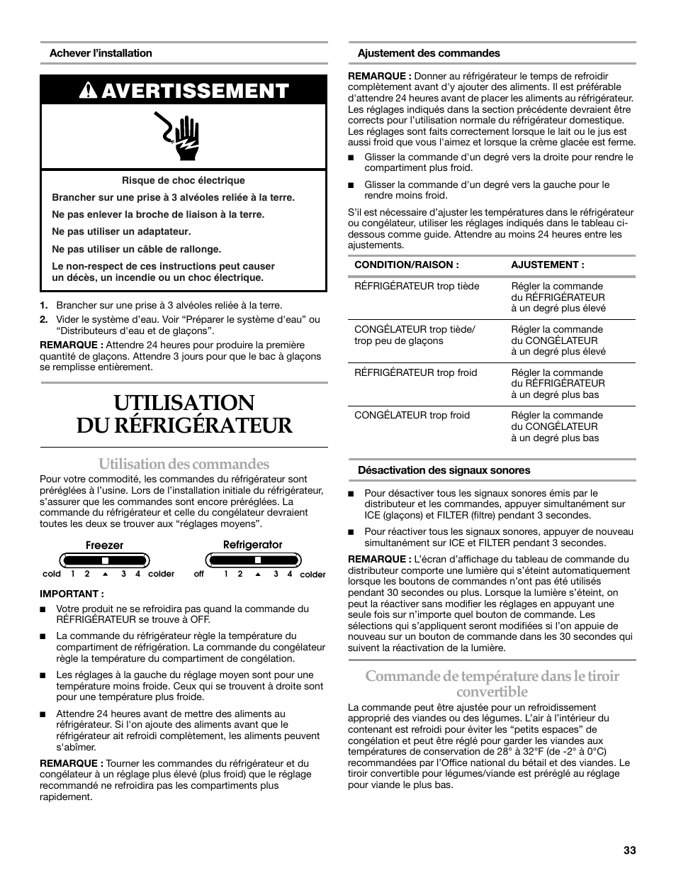 Utilisation du réfrigérateur, Avertissement, Utilisation des commandes | Commande de température dans le tiroir convertible | KITCHENAID W10167112A User Manual | Page 33 / 42