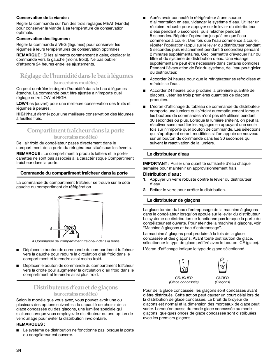 Réglage de l'humidité dans le bac à légumes, Compartiment fraîcheur dans la porte, Distributeurs d’eau et de glaçons | KITCHENAID W10167112A User Manual | Page 34 / 42