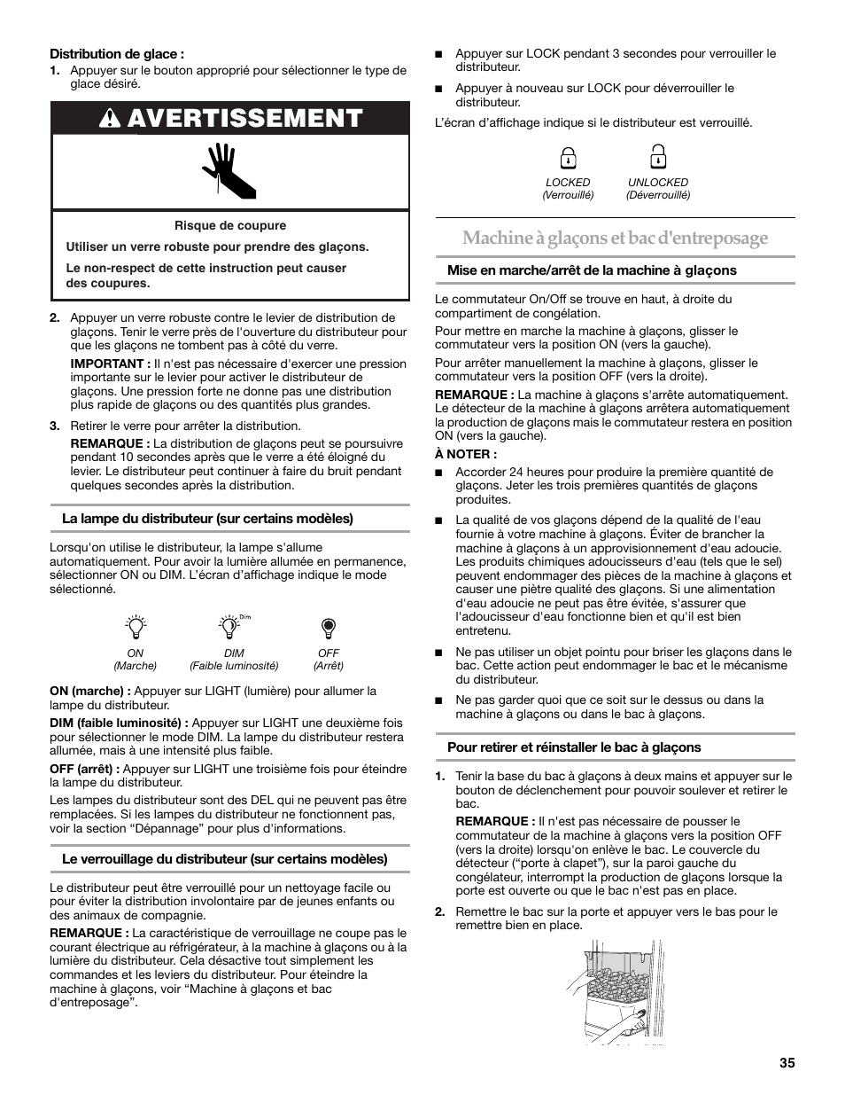Avertissement, Machine à glaçons et bac d'entreposage | KITCHENAID W10167112A User Manual | Page 35 / 42