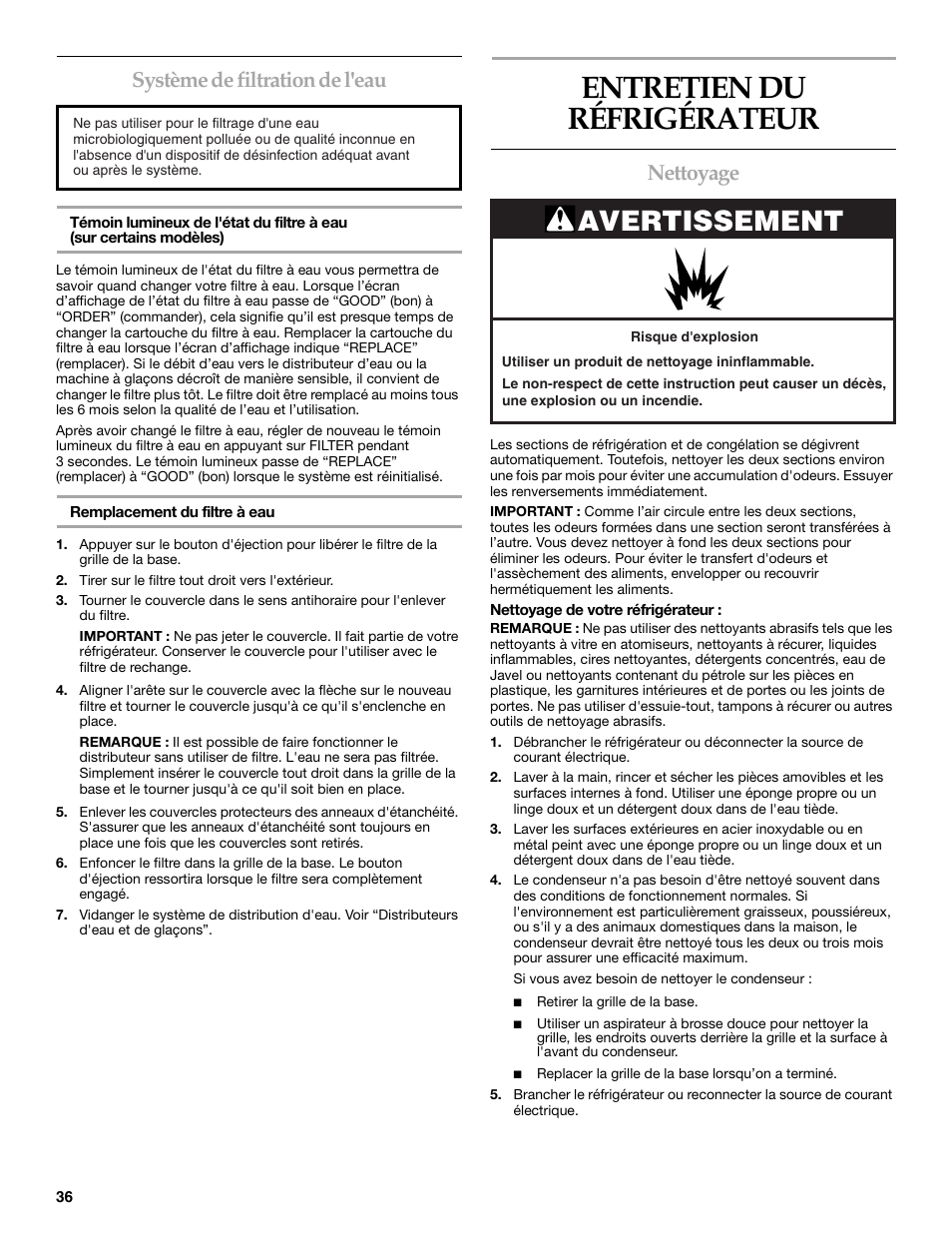 Entretien du réfrigérateur, Avertissement, Système de filtration de l'eau | Nettoyage | KITCHENAID W10167112A User Manual | Page 36 / 42