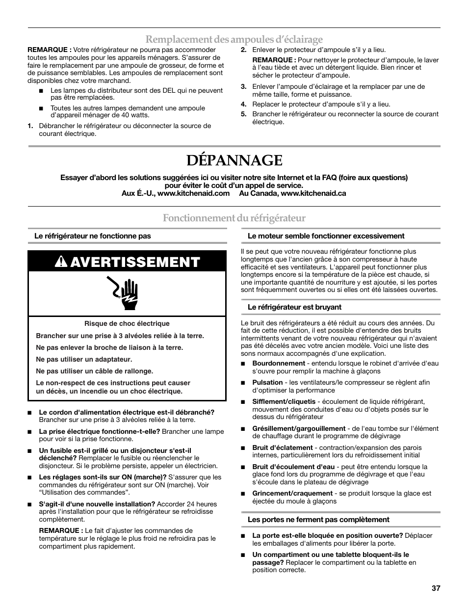 Dépannage, Avertissement, Remplacement des ampoules d’éclairage | Fonctionnement du réfrigérateur | KITCHENAID W10167112A User Manual | Page 37 / 42