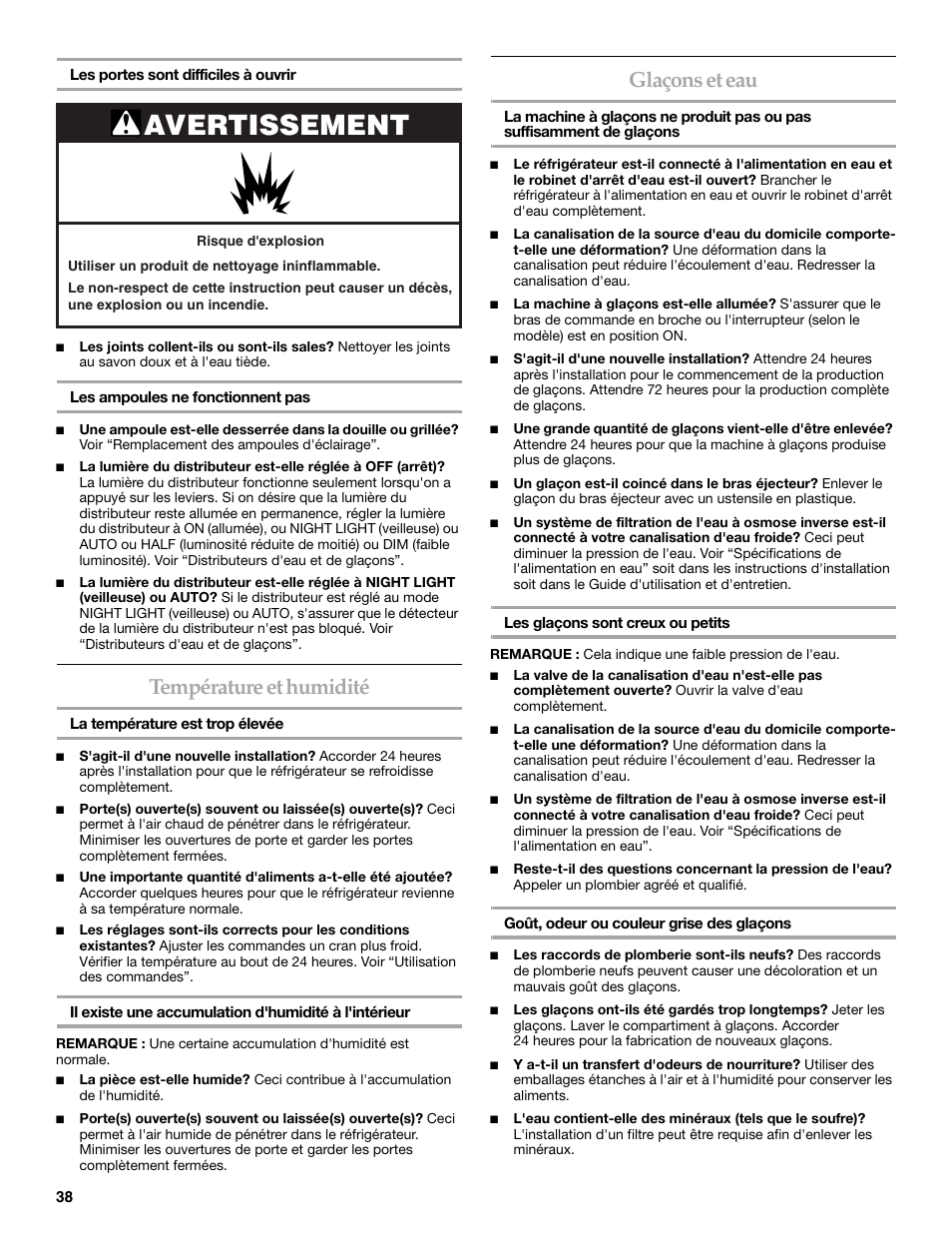 Avertissement, Température et humidité, Glaçons et eau | KITCHENAID W10167112A User Manual | Page 38 / 42