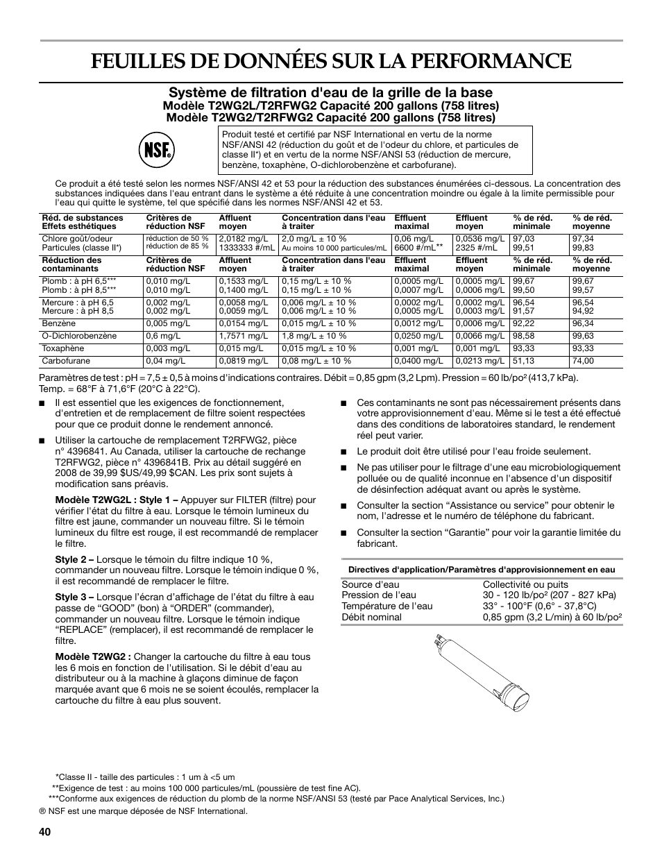 Feuilles de données sur la performance | KITCHENAID W10167112A User Manual | Page 40 / 42