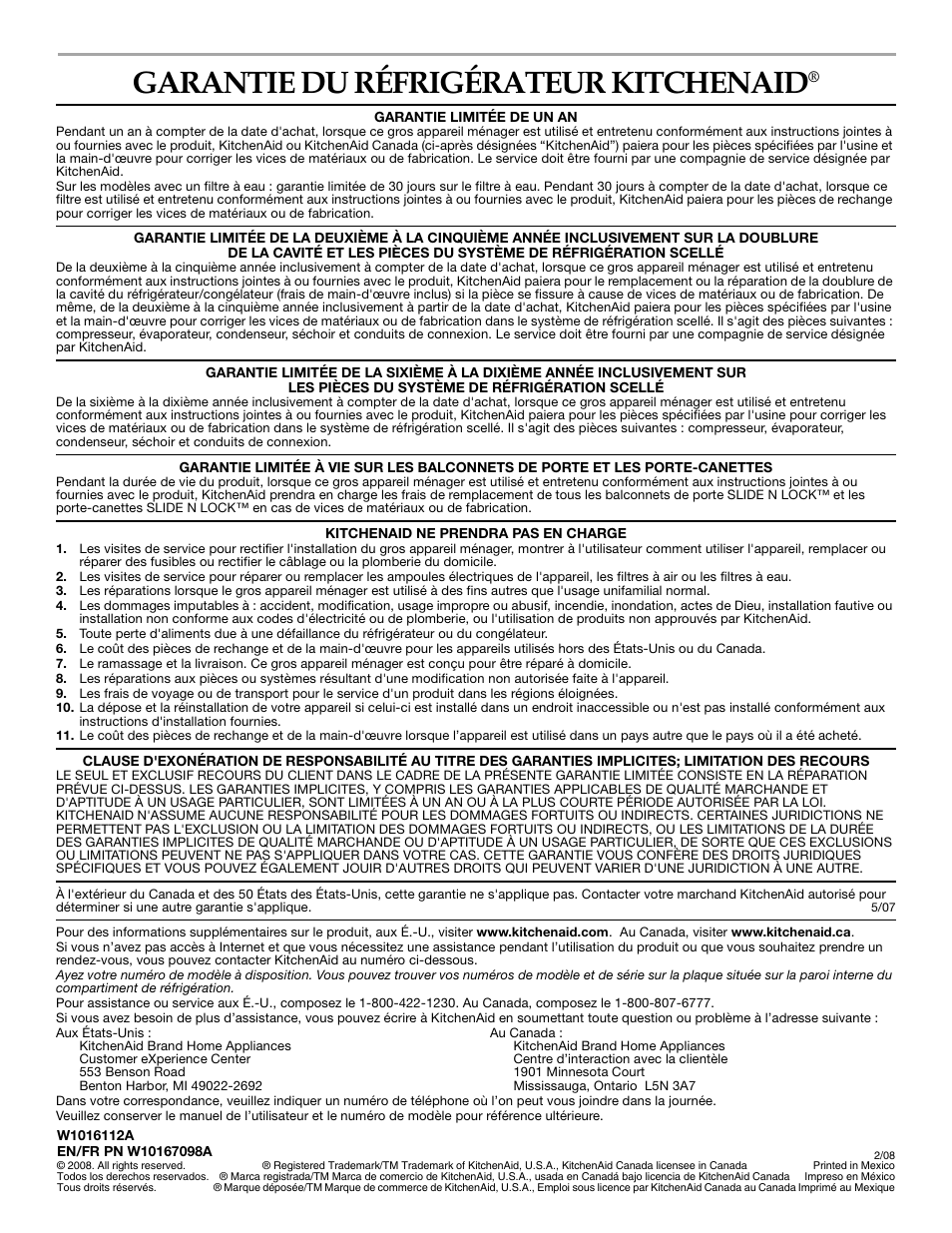 Garantie du réfrigérateur kitchenaid | KITCHENAID W10167112A User Manual | Page 42 / 42