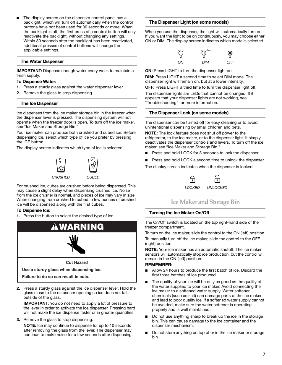 Warning, Ice maker and storage bin | KITCHENAID W10167112A User Manual | Page 7 / 42