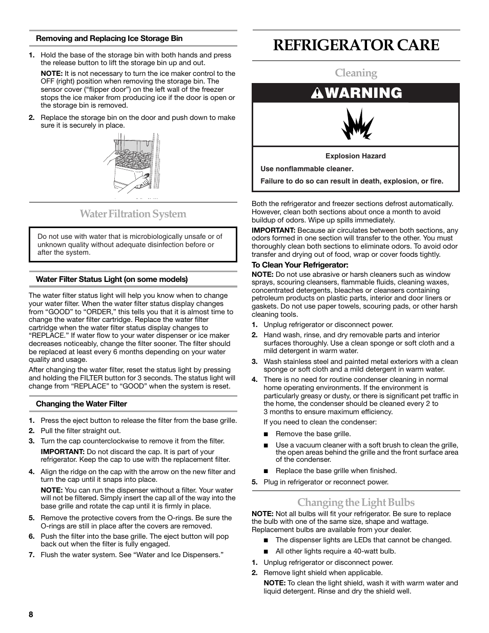 Refrigerator care, Warning, Water filtration system | Cleaning, Changing the light bulbs | KITCHENAID W10167112A User Manual | Page 8 / 42