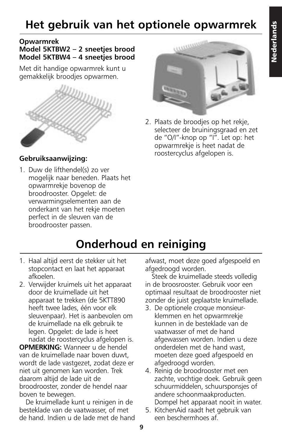 Het gebruik van het optionele opwarmrek, Onderhoud en reiniging | KITCHENAID 5KTT890 User Manual | Page 10 / 146