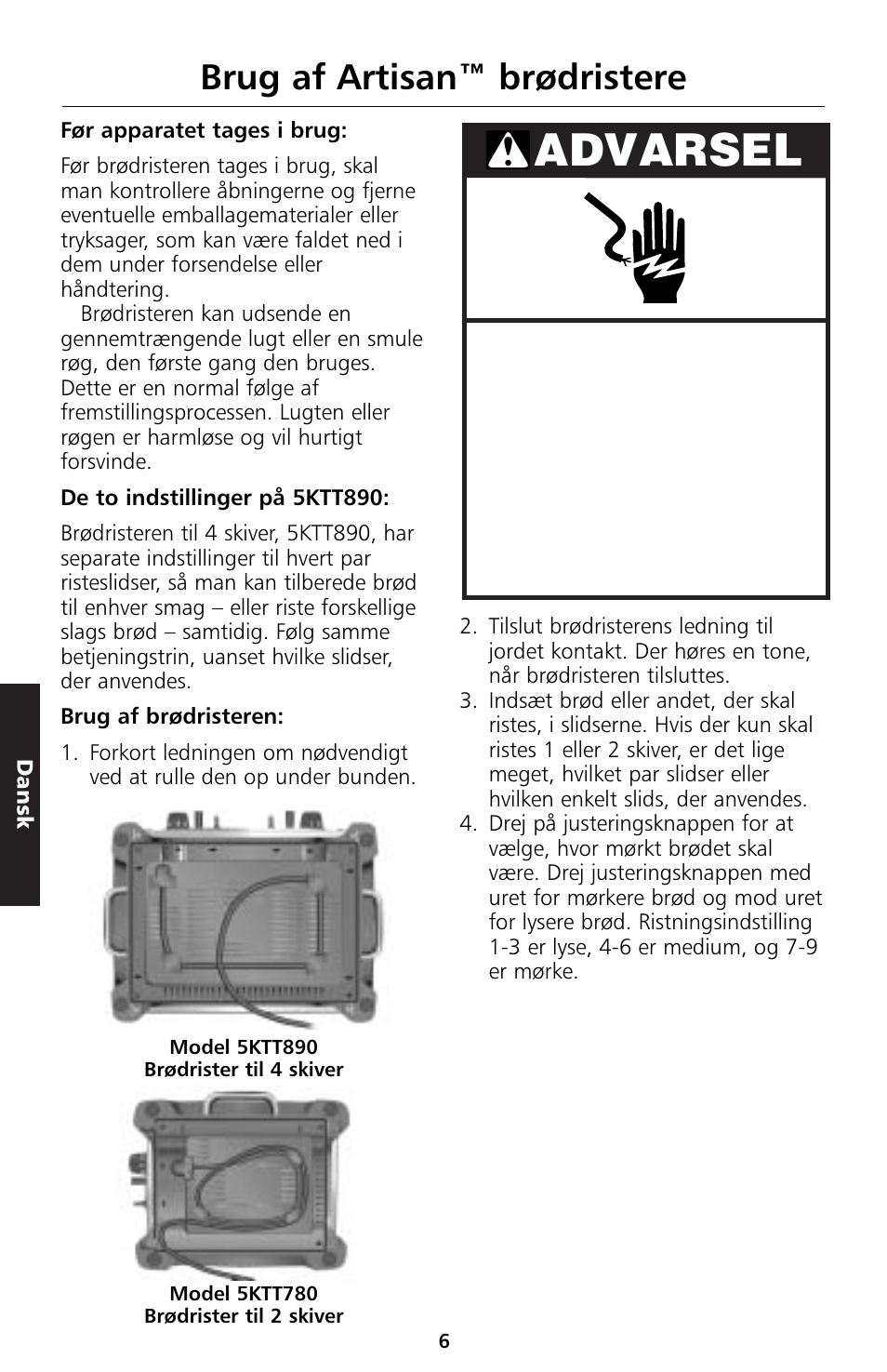 Advarsel, Brug af artisan™ brødristere | KITCHENAID 5KTT890 User Manual | Page 106 / 146