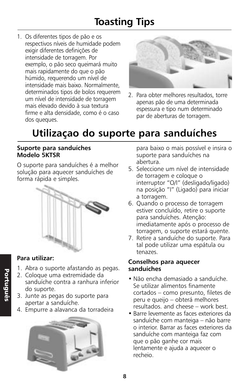 Utilizaçao do suporte para sanduíches, Toasting tips | KITCHENAID 5KTT890 User Manual | Page 119 / 146