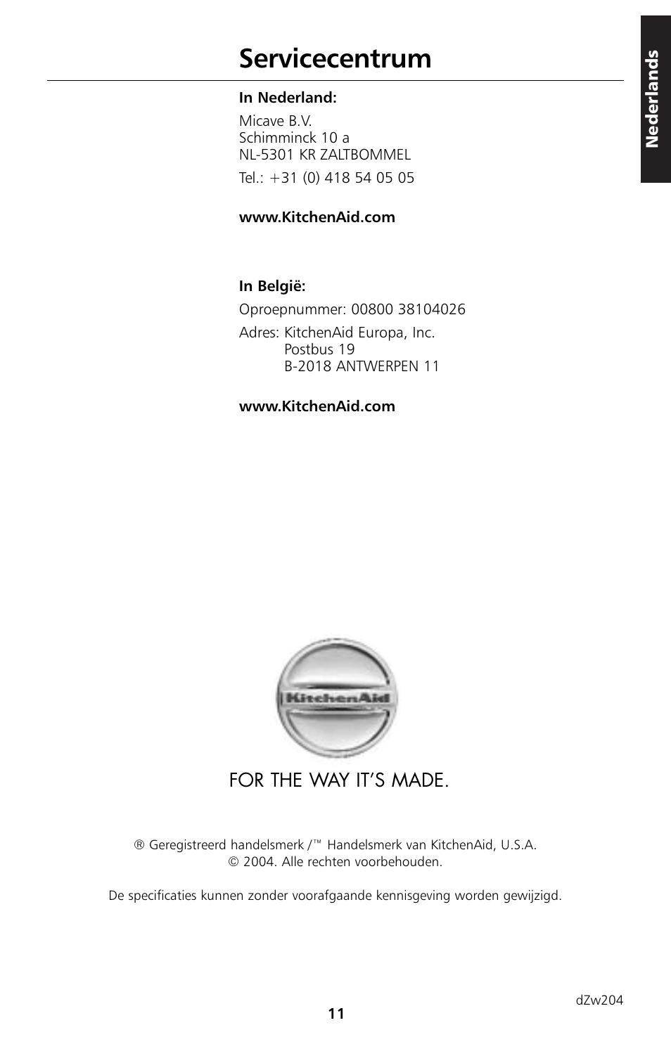 Servicecentrum, For the way it’s made | KITCHENAID 5KTT890 User Manual | Page 12 / 146