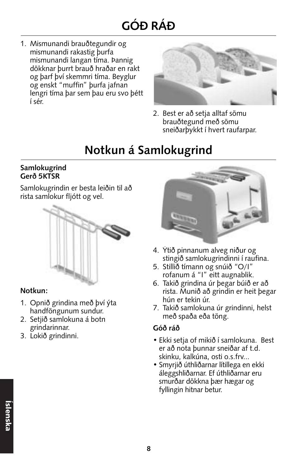Notkun á samlokugrind, Góð ráð | KITCHENAID 5KTT890 User Manual | Page 130 / 146