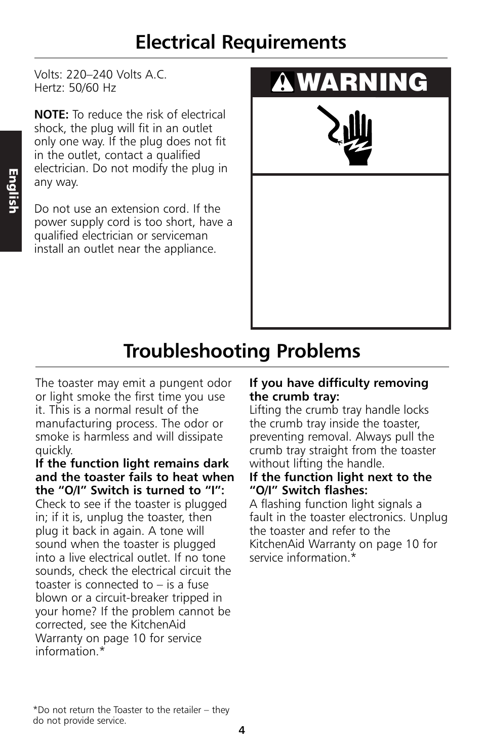 Warning, Electrical requirements, Troubleshooting problems | KITCHENAID 5KTT890 User Manual | Page 16 / 146