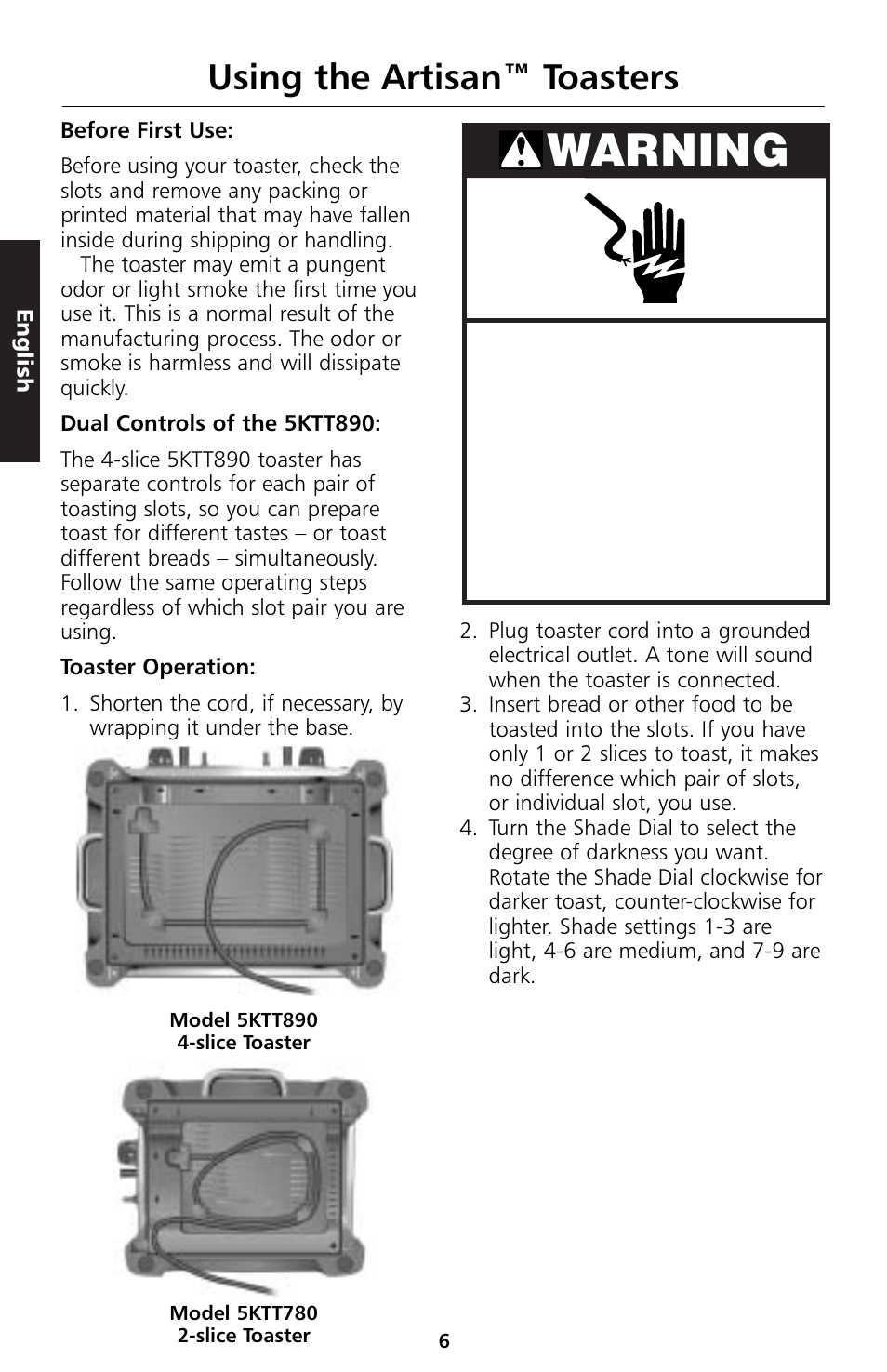 Warning, Using the artisan™ toasters | KITCHENAID 5KTT890 User Manual | Page 18 / 146