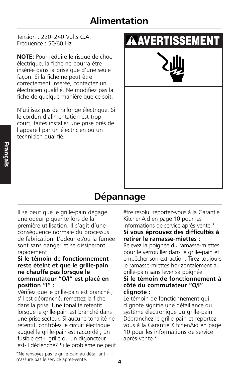 Avertissement, Alimentation, Dépannage | KITCHENAID 5KTT890 User Manual | Page 27 / 146