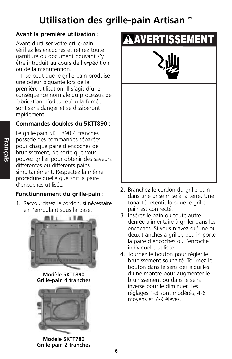 Avertissement, Utilisation des grille-pain artisan | KITCHENAID 5KTT890 User Manual | Page 29 / 146