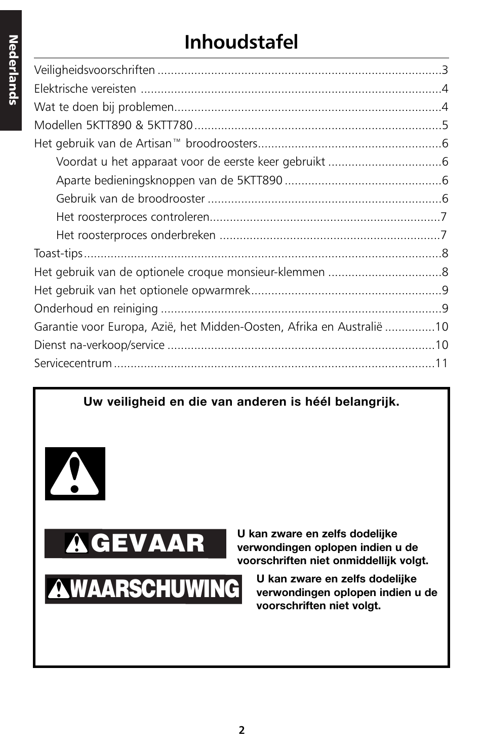 Gevaar waarschuwing, Inhoudstafel | KITCHENAID 5KTT890 User Manual | Page 3 / 146