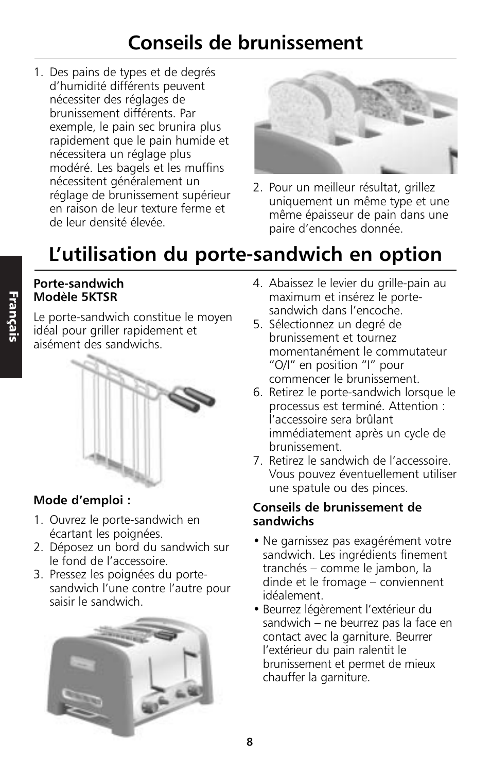 L’utilisation du porte-sandwich en option, Conseils de brunissement | KITCHENAID 5KTT890 User Manual | Page 31 / 146