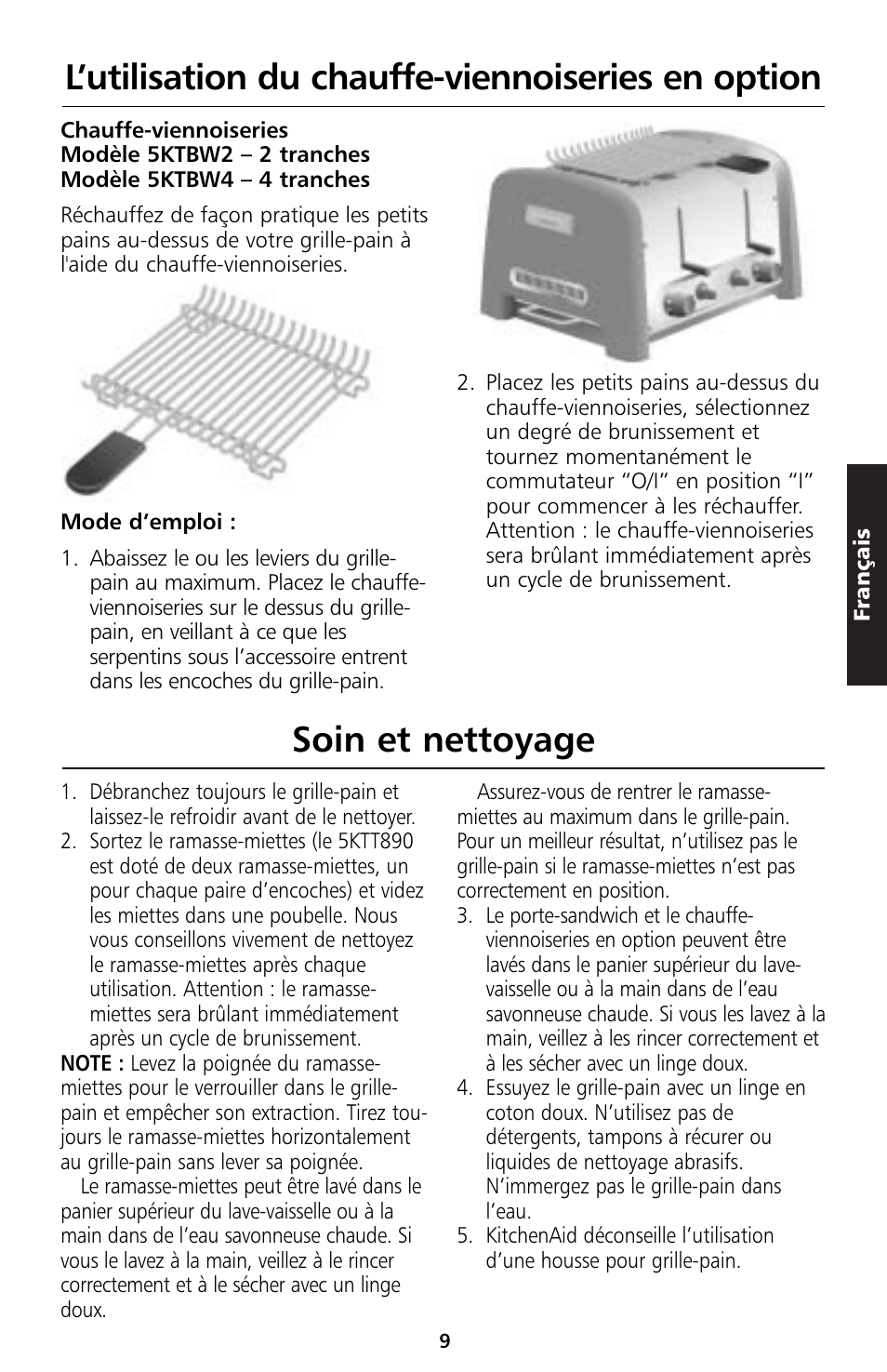 L’utilisation du chauffe-viennoiseries en option, Soin et nettoyage | KITCHENAID 5KTT890 User Manual | Page 32 / 146