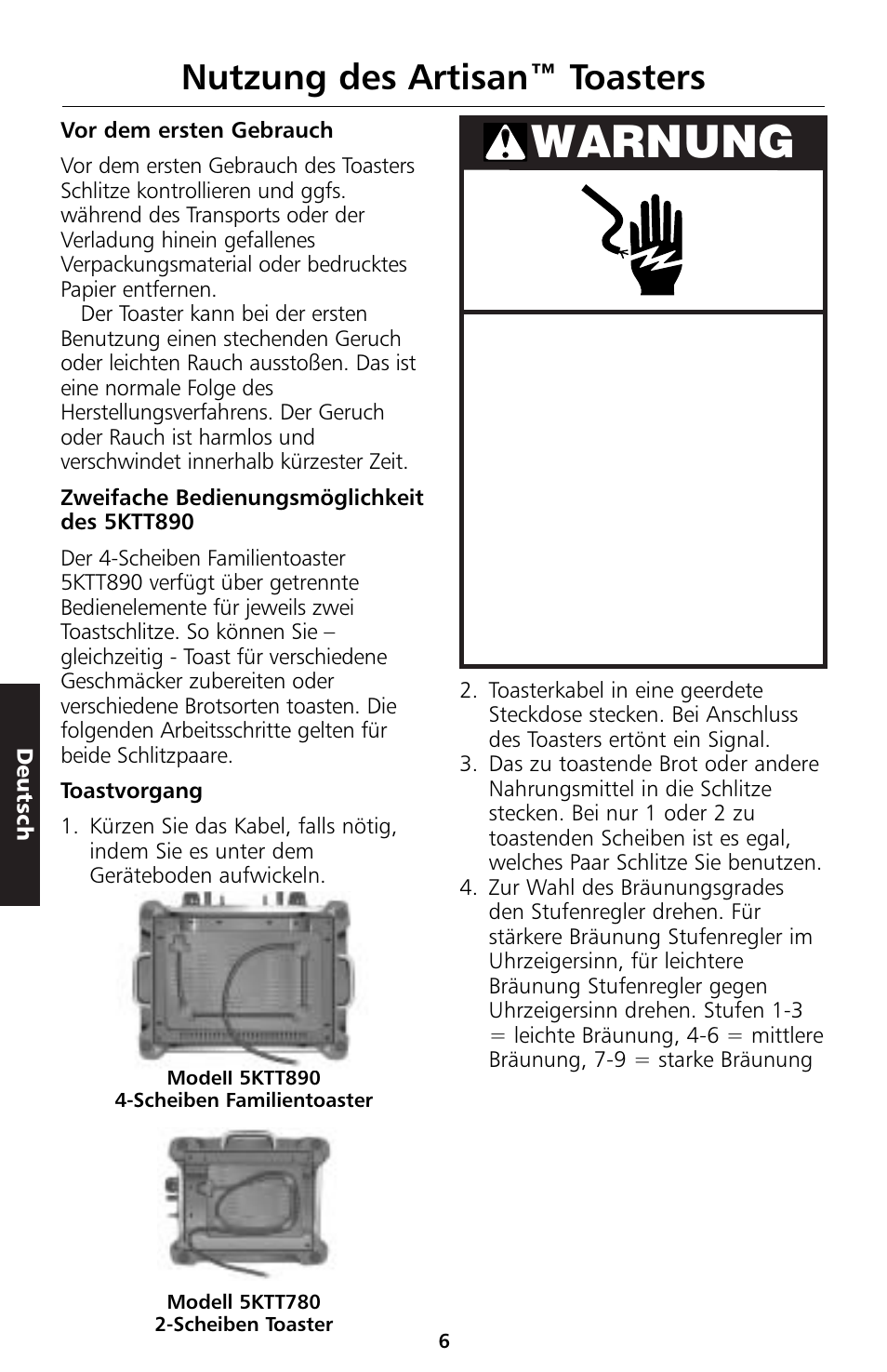 Warnung, Nutzung des artisan™ toasters | KITCHENAID 5KTT890 User Manual | Page 40 / 146