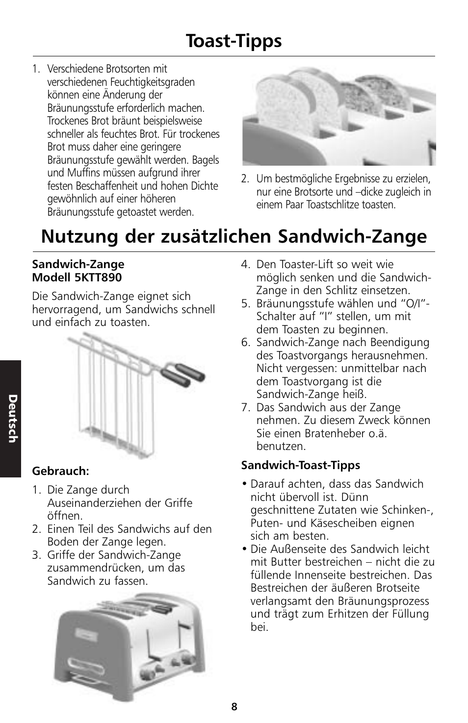 Nutzung der zusätzlichen sandwich-zange, Toast-tipps | KITCHENAID 5KTT890 User Manual | Page 42 / 146