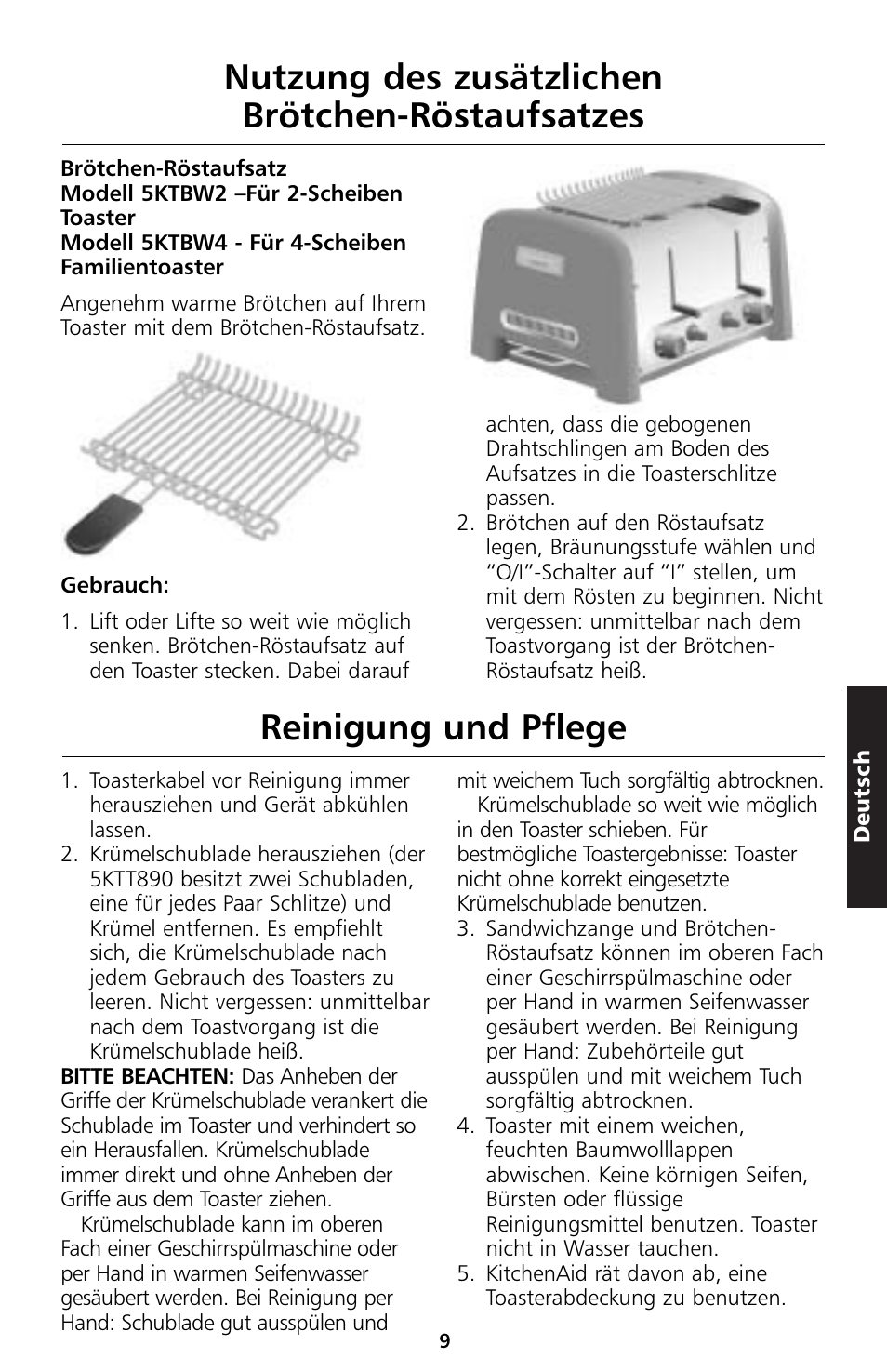 Nutzung des zusätzlichen brötchen-röstaufsatzes, Reinigung und pflege | KITCHENAID 5KTT890 User Manual | Page 43 / 146
