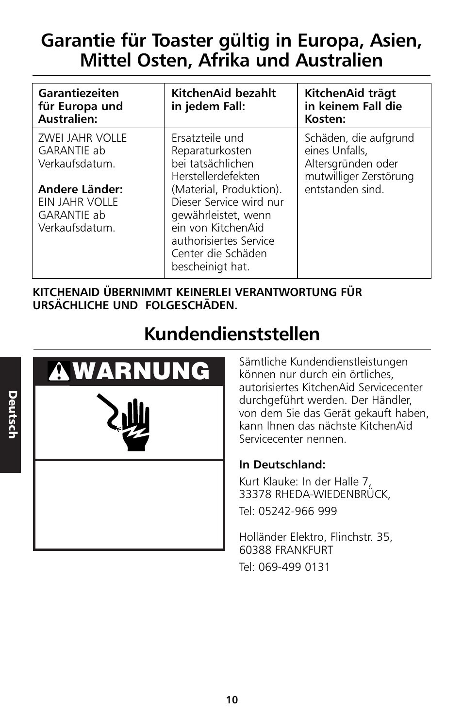 Warnung | KITCHENAID 5KTT890 User Manual | Page 44 / 146
