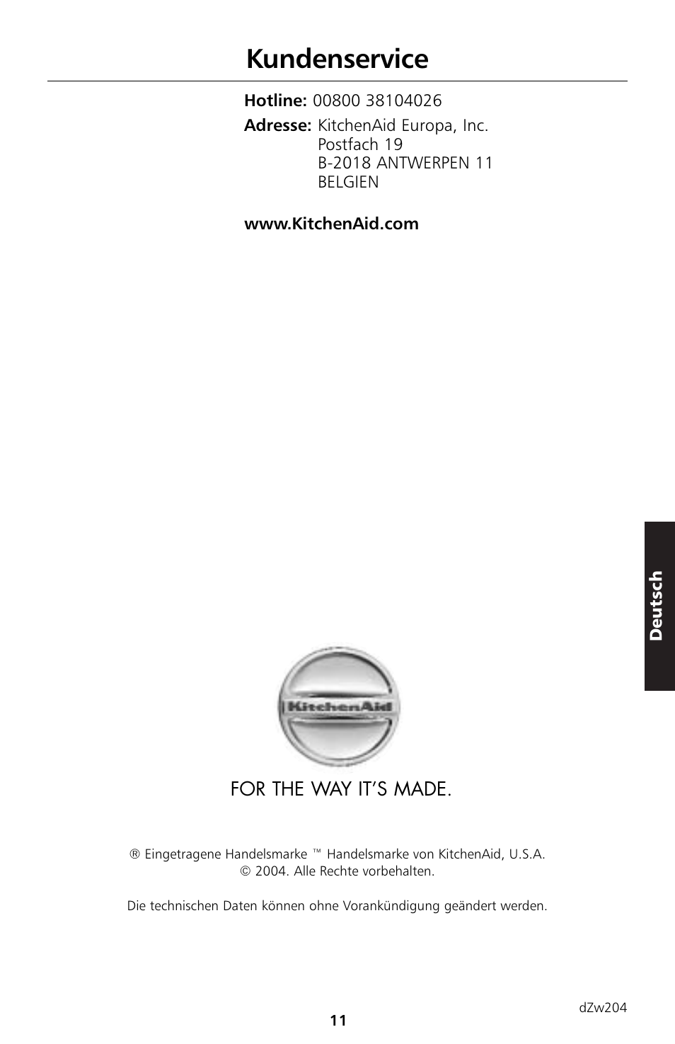 Kundenservice, For the way it’s made | KITCHENAID 5KTT890 User Manual | Page 45 / 146