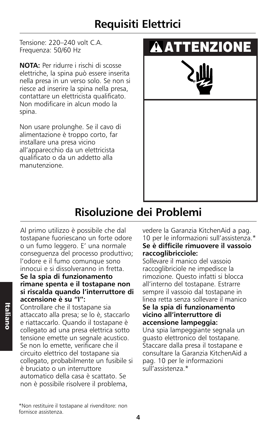 Attenzione, Requisiti elettrici, Risoluzione dei problemi | KITCHENAID 5KTT890 User Manual | Page 49 / 146