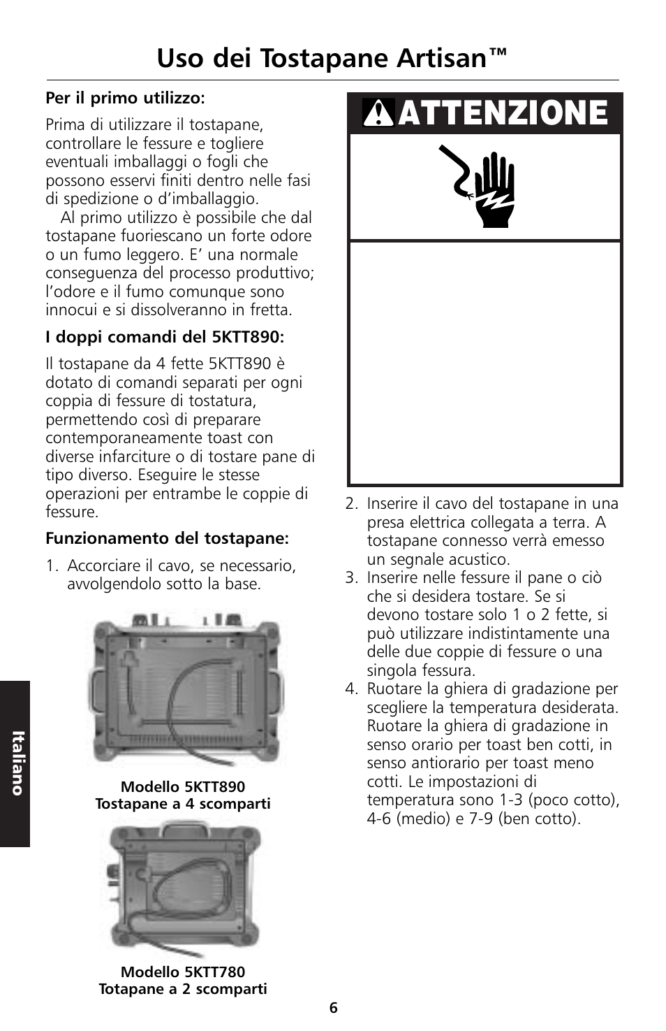 Attenzione, Uso dei tostapane artisan | KITCHENAID 5KTT890 User Manual | Page 51 / 146