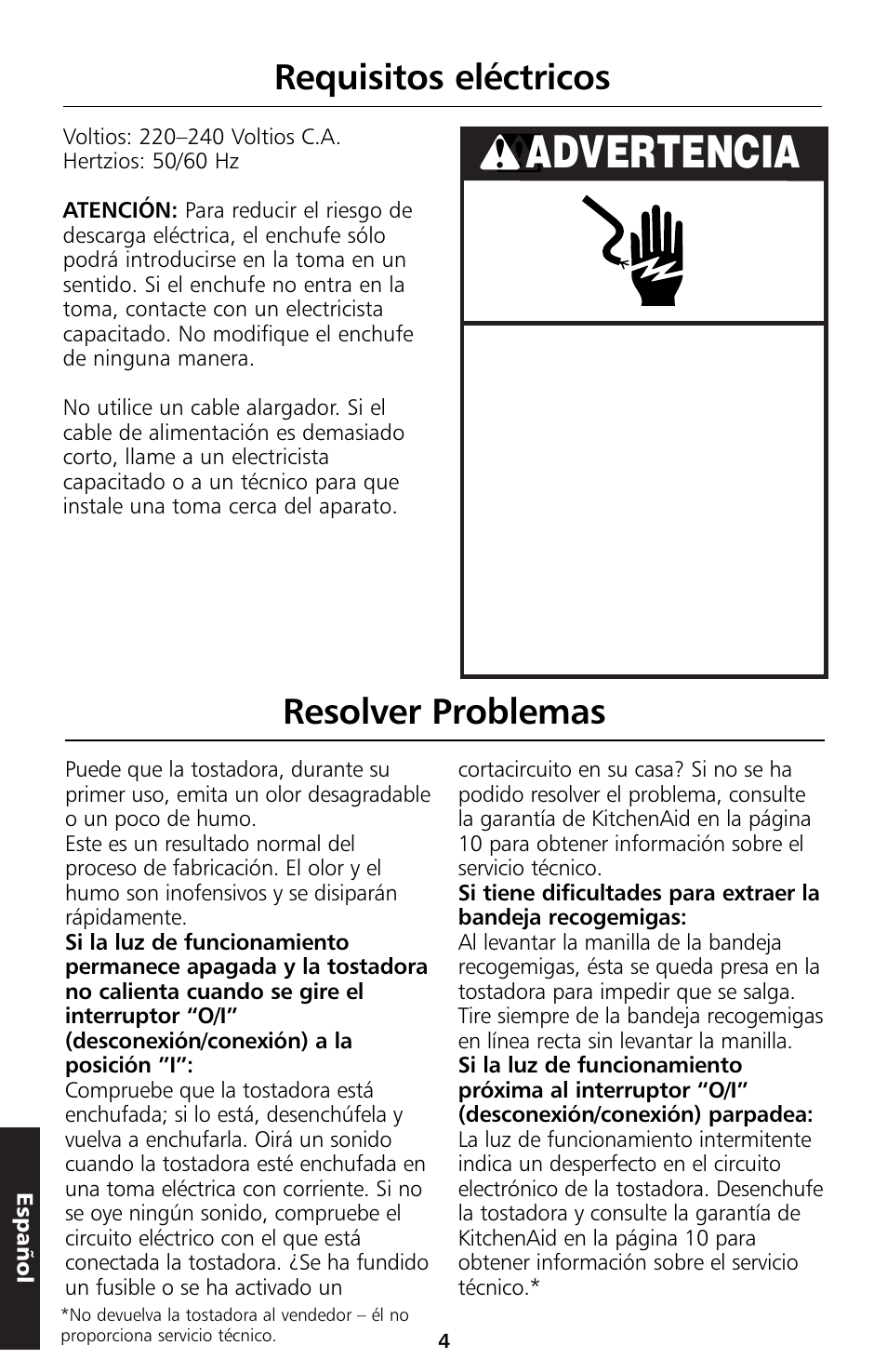 Advertencia, Requisitos eléctricos, Resolver problemas | KITCHENAID 5KTT890 User Manual | Page 60 / 146