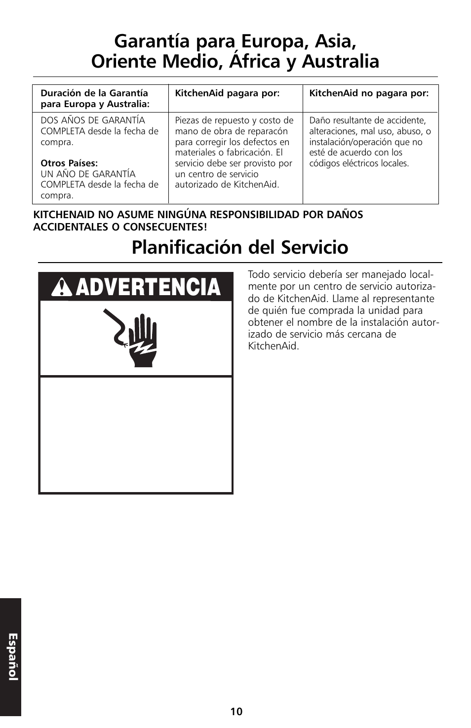 Advertencia, Planificación del servicio | KITCHENAID 5KTT890 User Manual | Page 66 / 146
