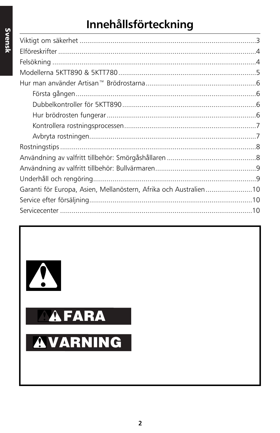 Fara varning, Innehållsförteckning | KITCHENAID 5KTT890 User Manual | Page 69 / 146