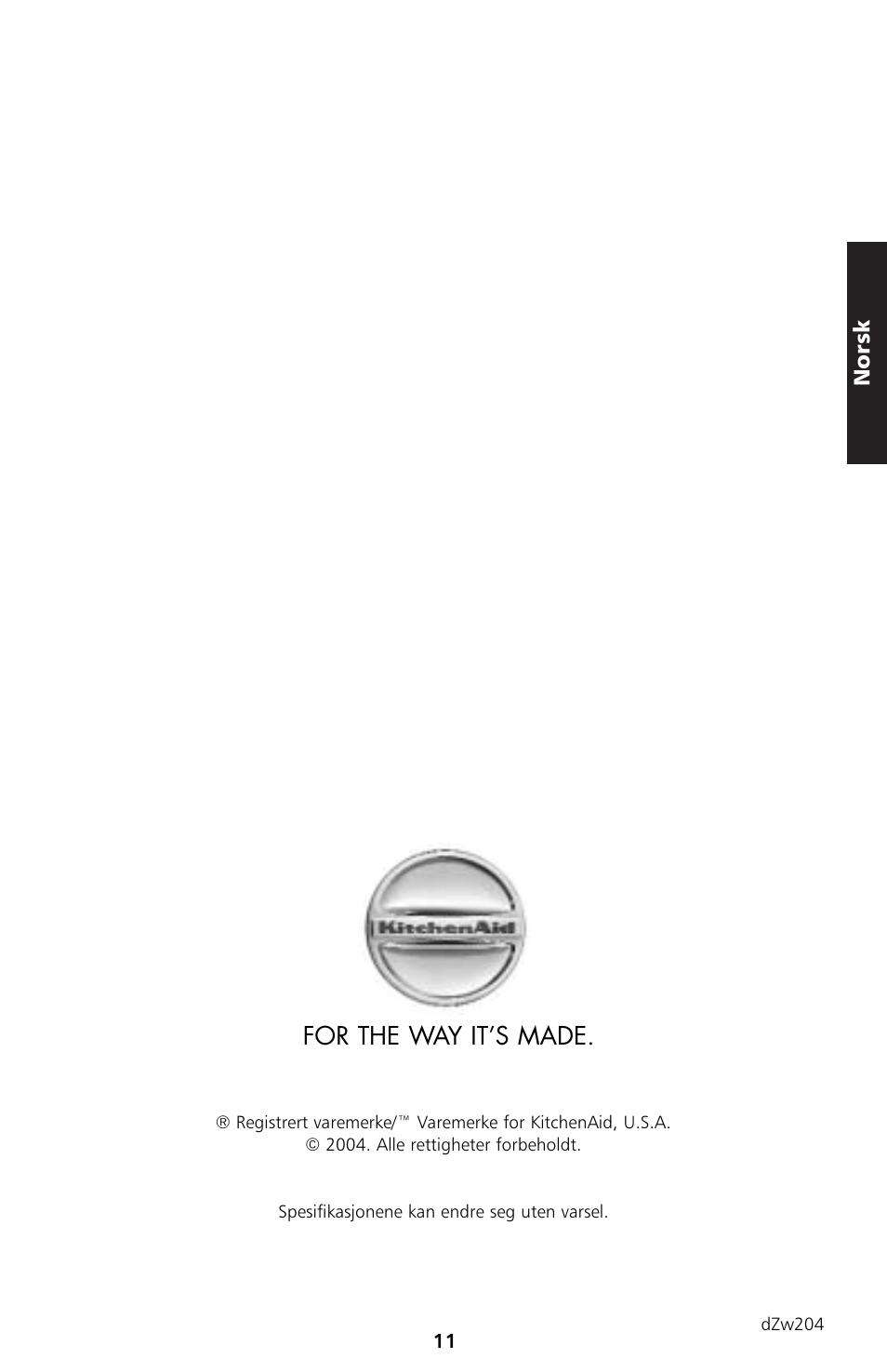 For the way it’s made, Norsk | KITCHENAID 5KTT890 User Manual | Page 89 / 146