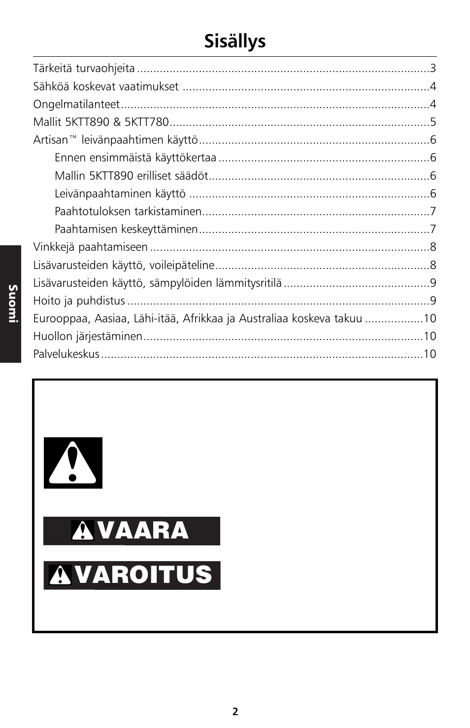 Vaara varoitus, Sisällys | KITCHENAID 5KTT890 User Manual | Page 91 / 146