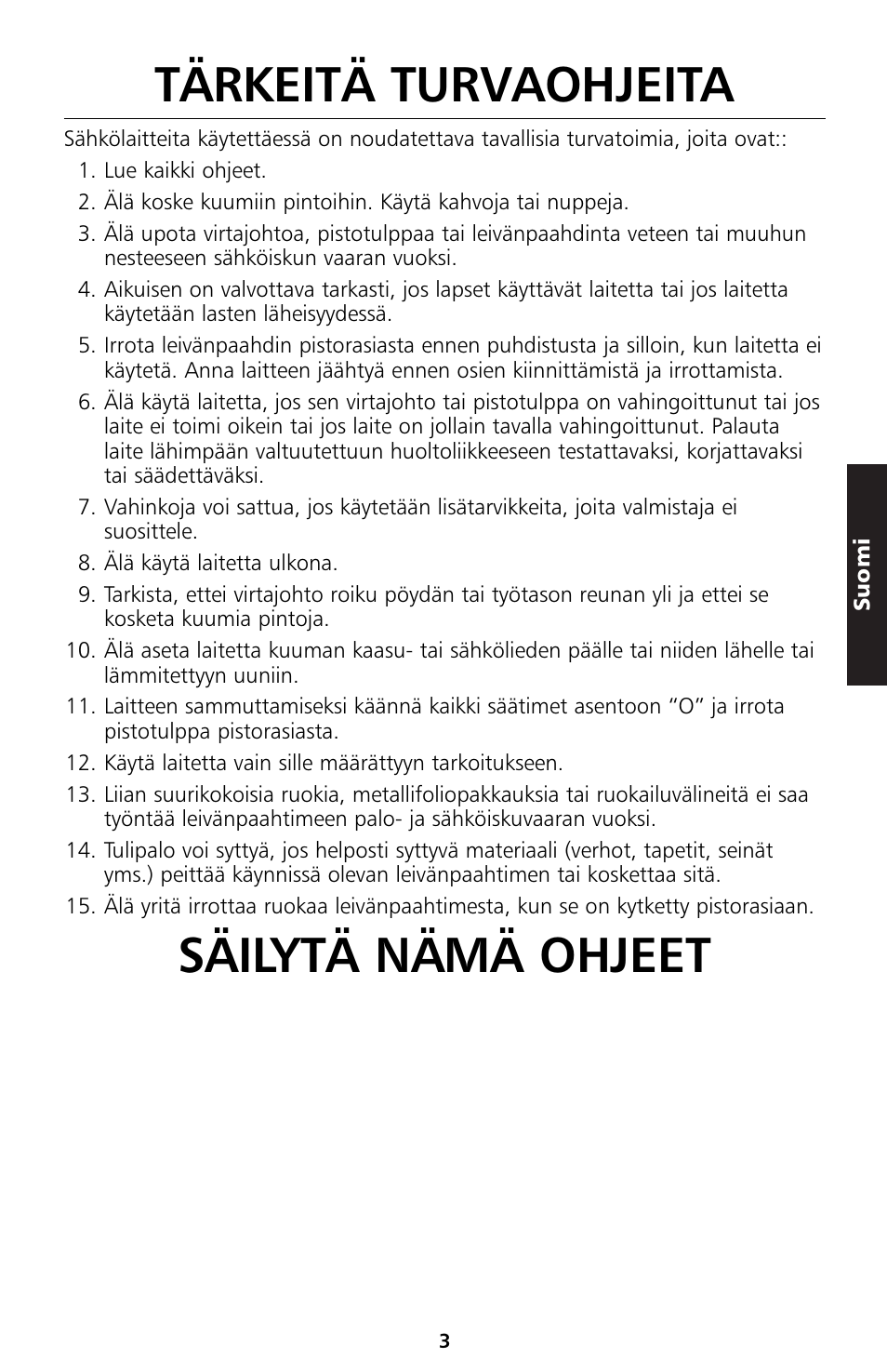 Tärkeitä turvaohjeita, Säilytä nämä ohjeet | KITCHENAID 5KTT890 User Manual | Page 92 / 146