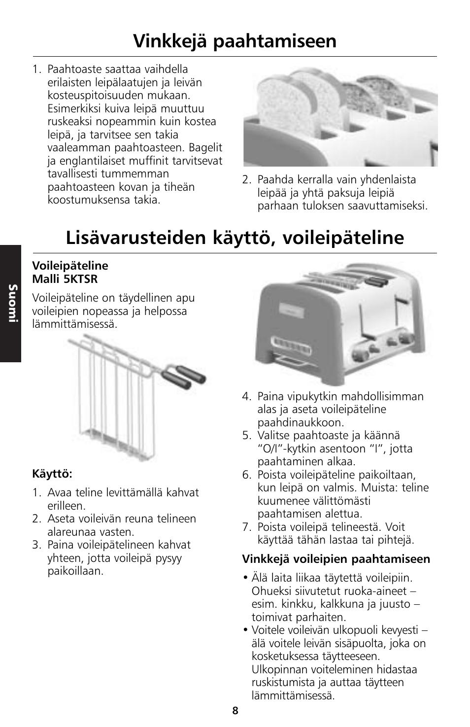 Lisävarusteiden käyttö, voileipäteline, Vinkkejä paahtamiseen | KITCHENAID 5KTT890 User Manual | Page 97 / 146
