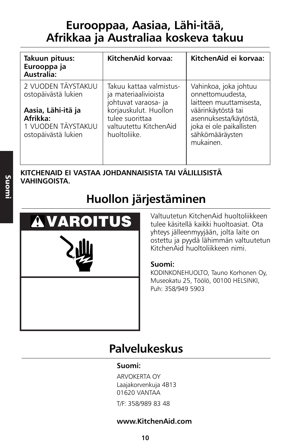 Varoitus, Huollon järjestäminen palvelukeskus | KITCHENAID 5KTT890 User Manual | Page 99 / 146
