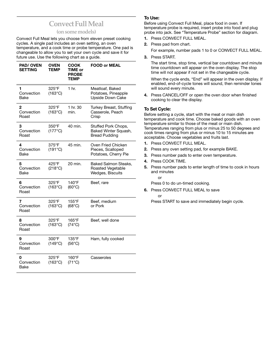 Convectfullmeal, Convect full meal, On some models) | KITCHENAID KEBS247 User Manual | Page 14 / 24