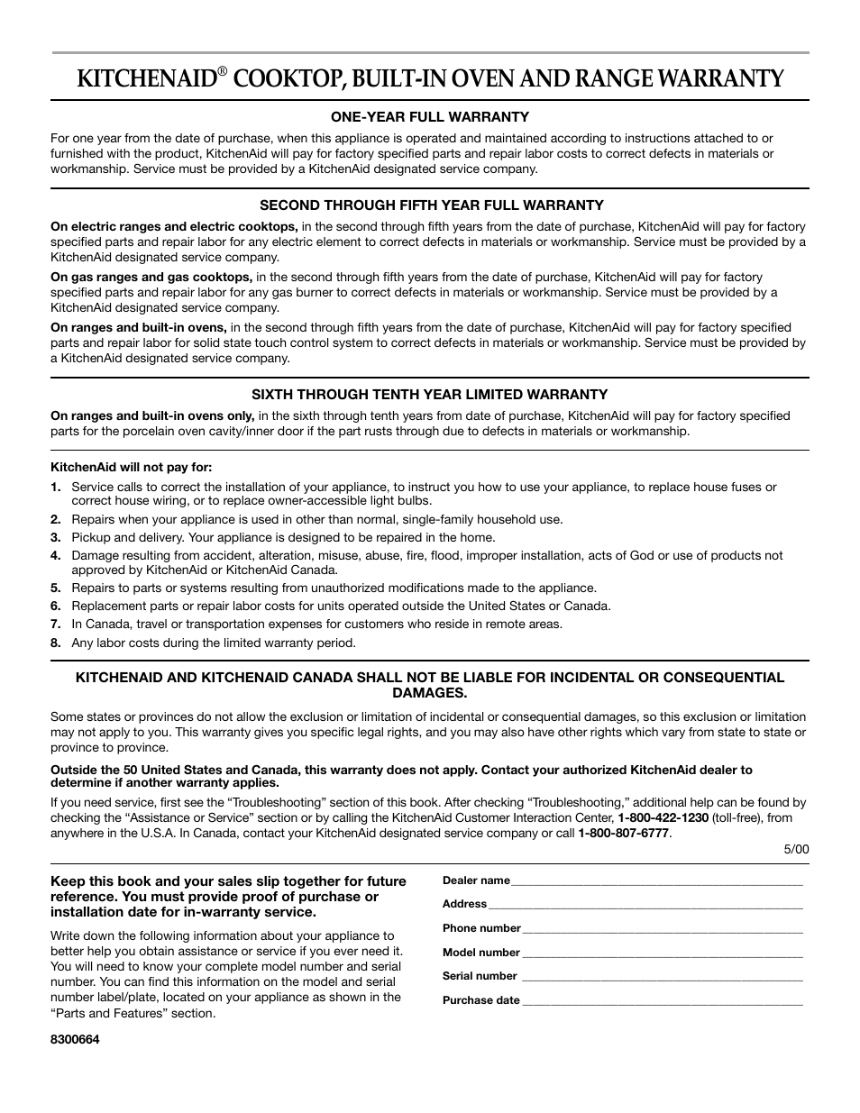 Warranty, Kitchenaid, Cooktop, built-in oven and range warranty | KITCHENAID KEBS247 User Manual | Page 24 / 24