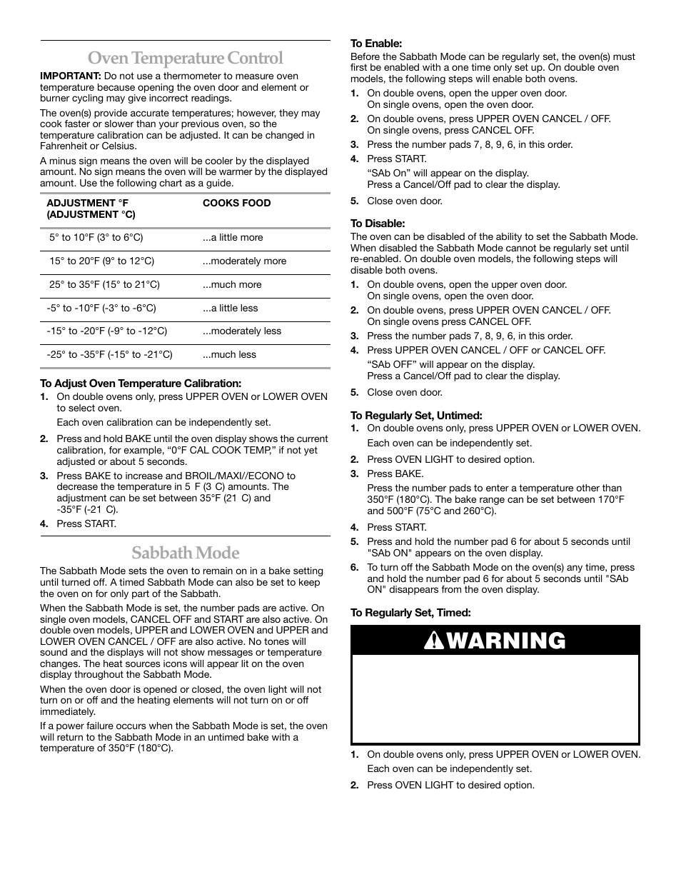 Warning, Oven temperature control, Sabbath mode | KITCHENAID KEBS247 User Manual | Page 8 / 24