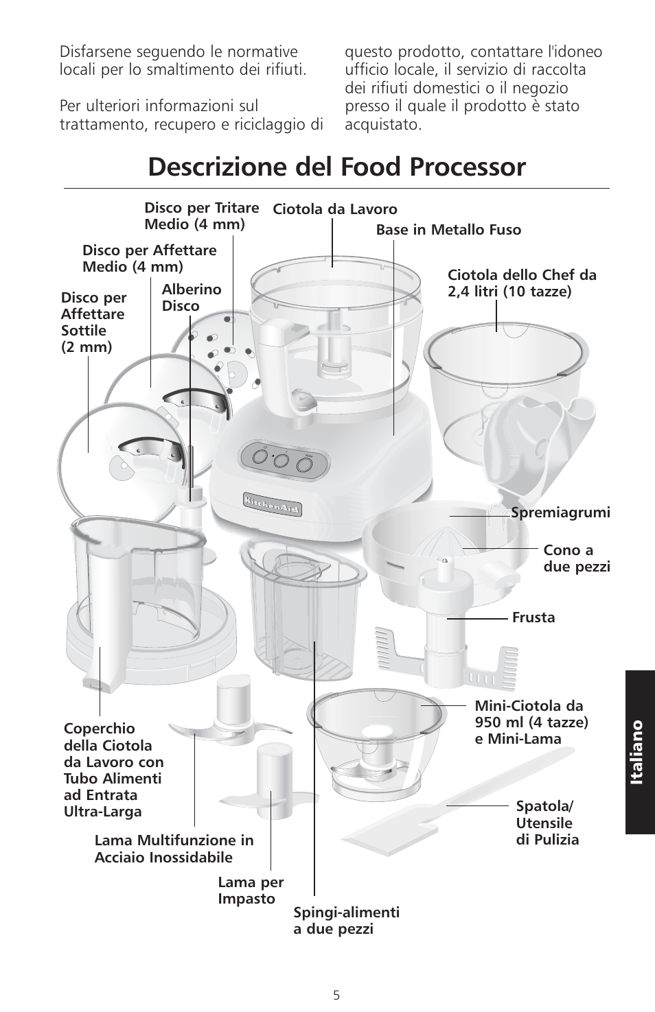 Descrizione del food processor, Italiano | KITCHENAID ARTISAN 5KFPM770 User Manual | Page 120 / 367