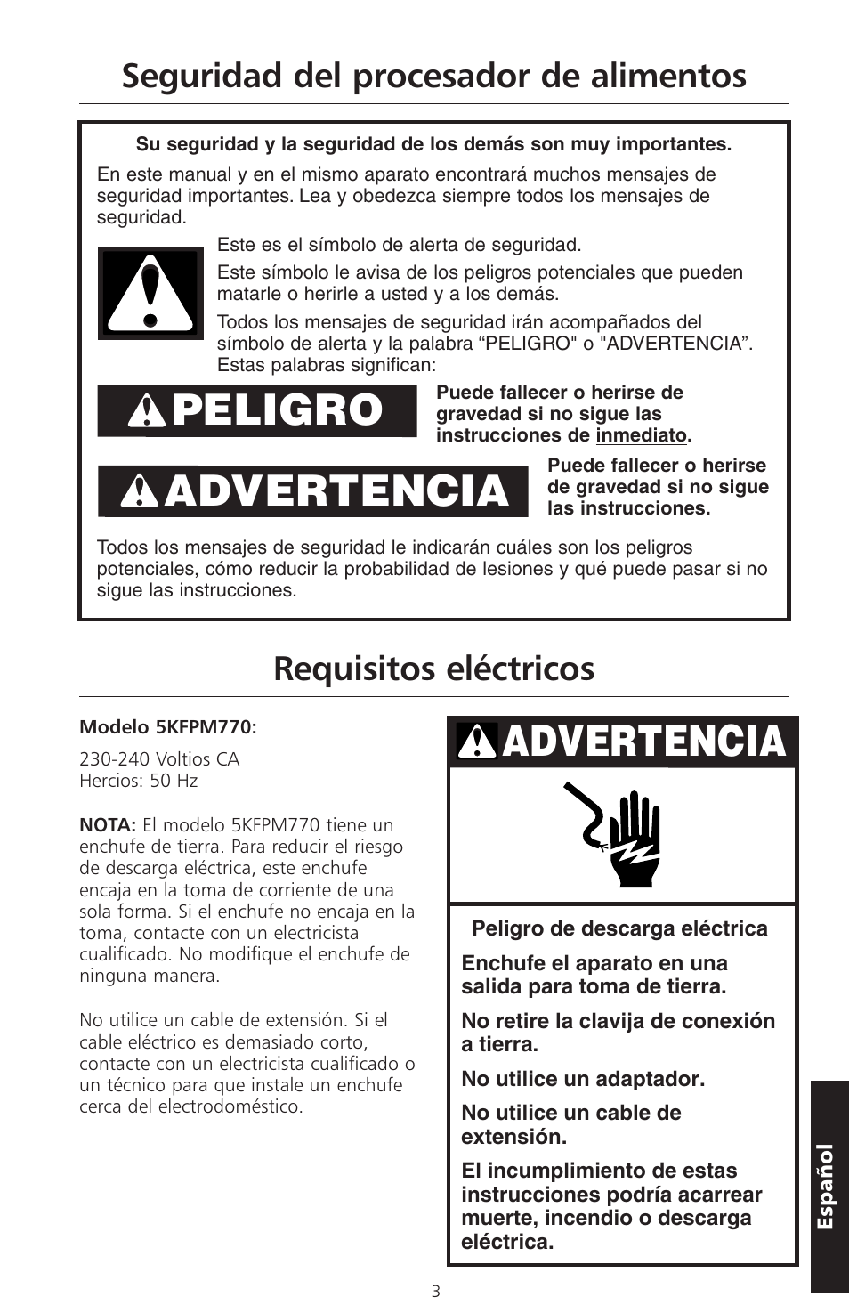 Advertencia, Peligro advertencia | KITCHENAID ARTISAN 5KFPM770 User Manual | Page 146 / 367