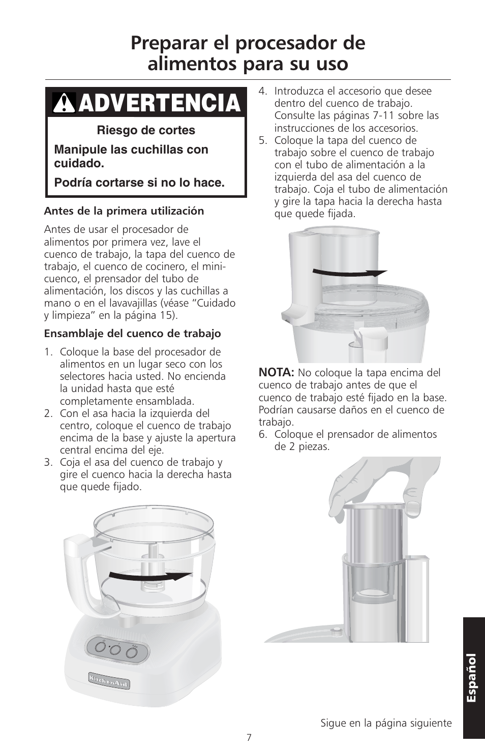 Advertencia, Preparar el procesador de alimentos para su uso | KITCHENAID ARTISAN 5KFPM770 User Manual | Page 150 / 367