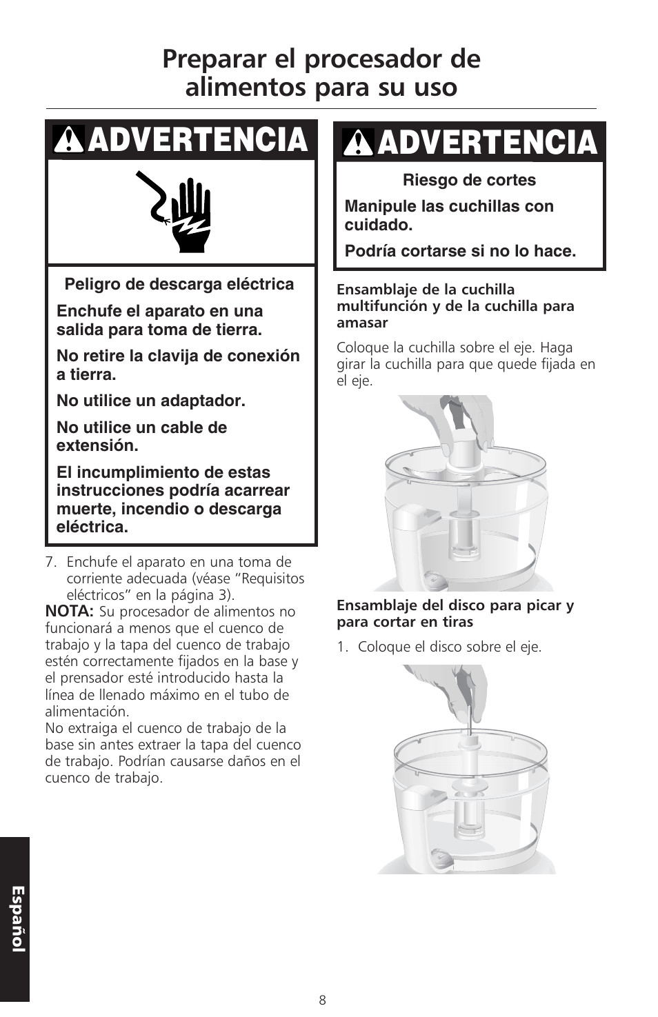 Advertencia, Preparar el procesador de alimentos para su uso | KITCHENAID ARTISAN 5KFPM770 User Manual | Page 151 / 367