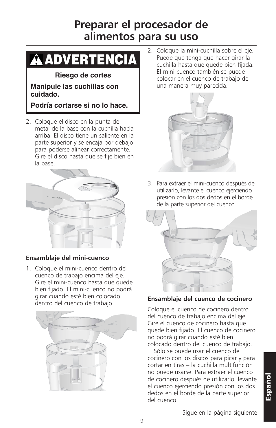 Advertencia, Preparar el procesador de alimentos para su uso | KITCHENAID ARTISAN 5KFPM770 User Manual | Page 152 / 367