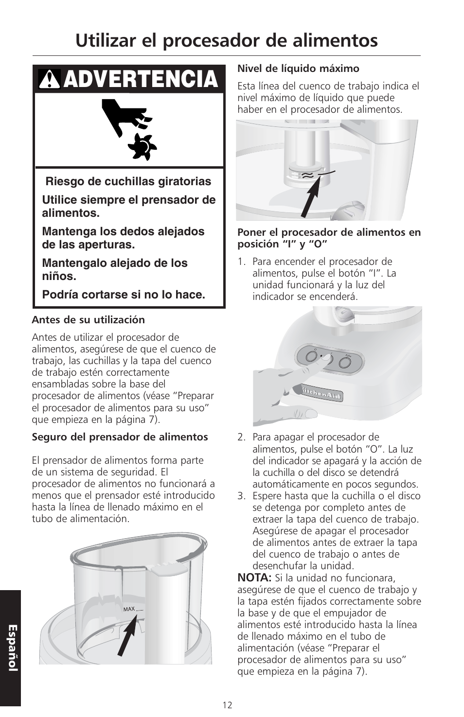 Advertencia, Utilizar el procesador de alimentos | KITCHENAID ARTISAN 5KFPM770 User Manual | Page 155 / 367